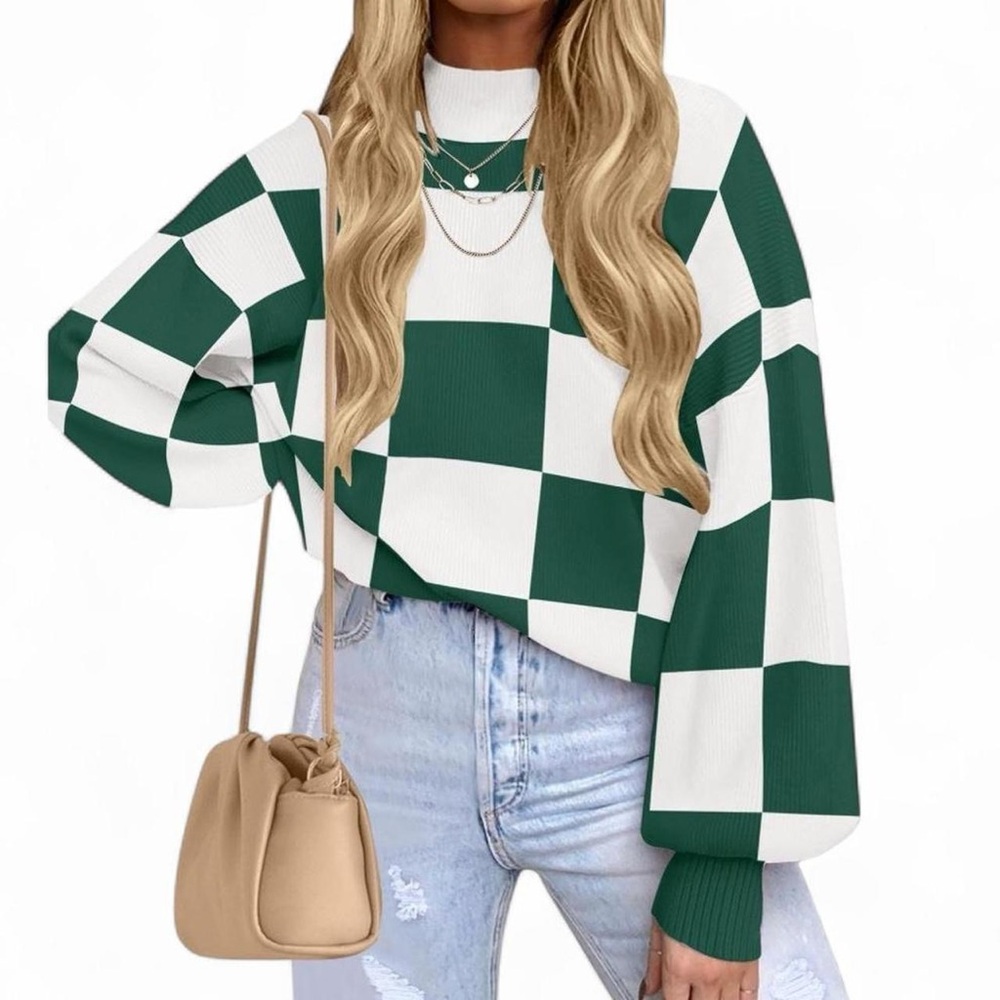 Green and White Checkered Sweater